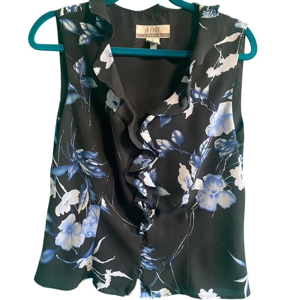 Vintage Nine and Company Navy Floral Ruffle Crinkle Sleeveless Blouse Women's 10
